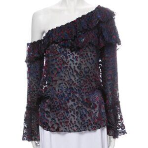 IRO Blue Ruffle Leopard Patterned One-Shoulder Blouse